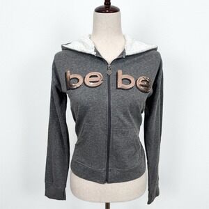 Bebe‎ Sport Hoodie Girls Large 14/16 Gray Pink Sequin Fuzzy Hood Full Zip Y2K